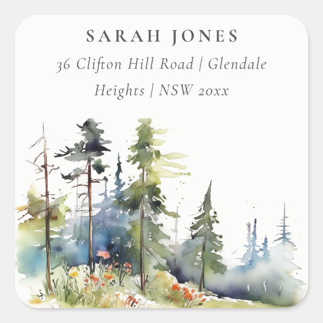 Chic Watercolor Pine Forest Landscape Address Square Sticker (Front)