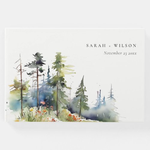 Chic Watercolor Pine Forest Landscape Wedding Guest Book