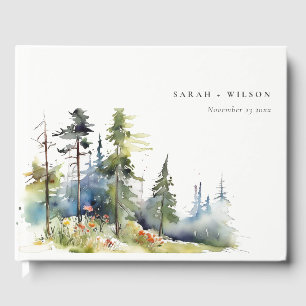 Chic Watercolor Pine Forest Landscape Wedding Guest Book