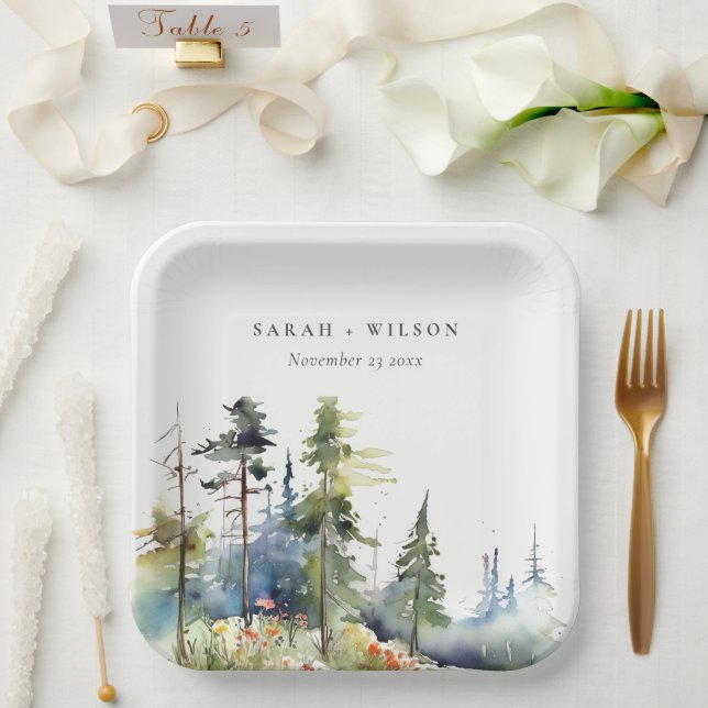 Chic Watercolor Pine Forest Landscape Wedding Paper Plates (Wedding)