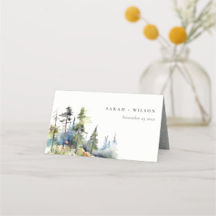 Chic Watercolor Pine Forest Landscape Wedding Place Card