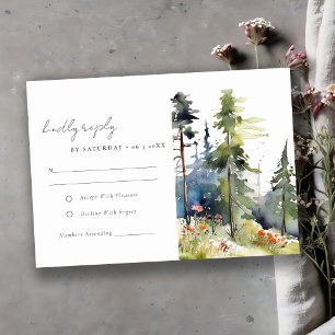 Chic Watercolor Pine Forest Landscape Wedding RSVP Card