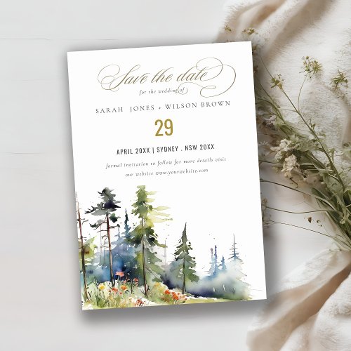 Chic watercolor Pine Forest Landscape Wedding Save The Date