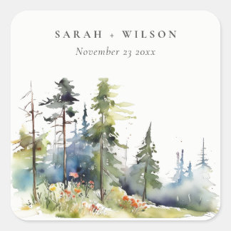 Chic Watercolor Pine Forest Landscape Wedding Square Sticker