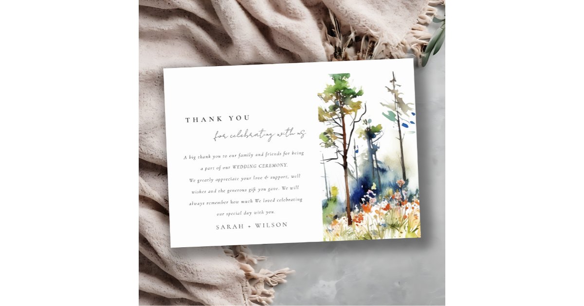Chic Watercolor Pine Forest Landscape Wedding Thank You Card | Zazzle