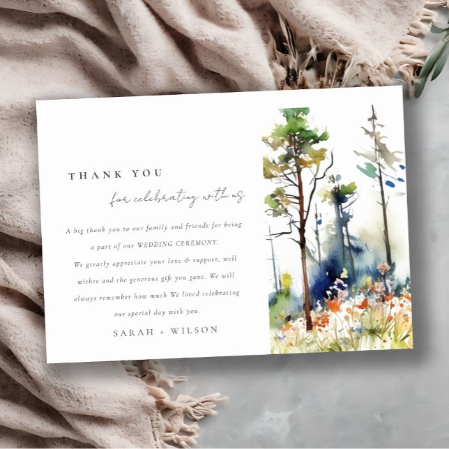 Chic Watercolor Pine Forest Landscape Wedding Thank You Card (Creator Uploaded)
