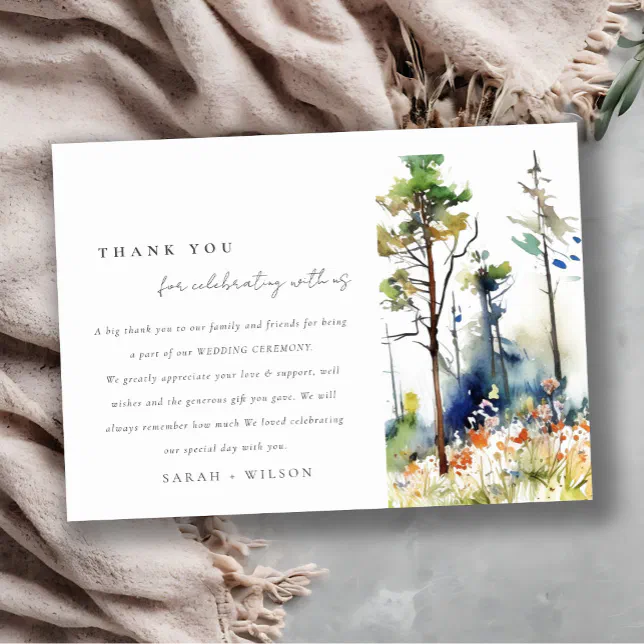 Chic Watercolor Pine Forest Landscape Wedding Thank You Card | Zazzle