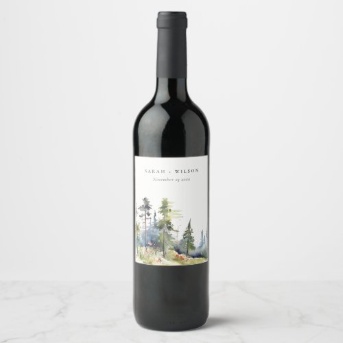 Chic Watercolor Pine Forest Landscape Wedding Wine Label