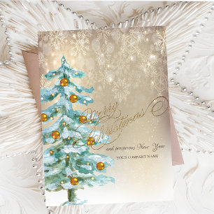 Chic Watercolor Pine Tree,Balls,Snowflakes Holiday Card