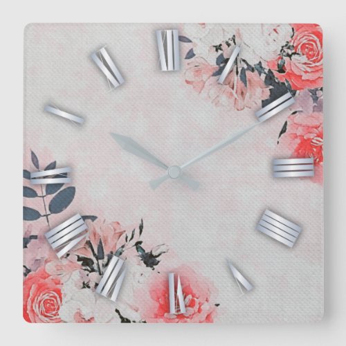 Chic Watercolor Pink Beige Cream Floral Bouquet Square Wall Clock