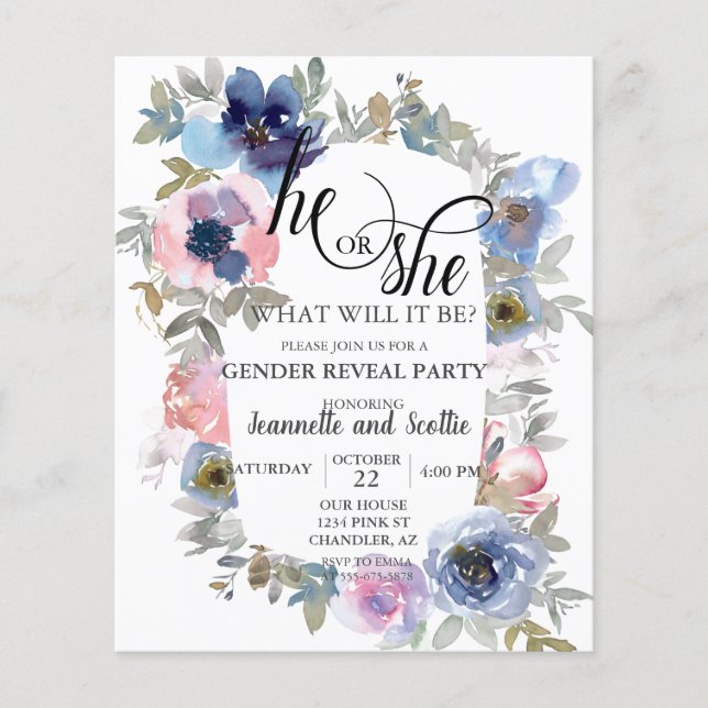 Chic Watercolor Pink Blue Flower Gender Reveal  Flyer (Front)