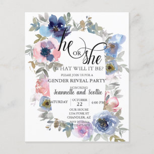 Chic Watercolor Pink Blue Flower Gender Reveal Flyer