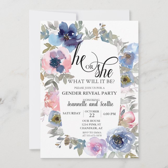 Chic Watercolor Pink Blue Flower Gender Reveal Invitation (Front)