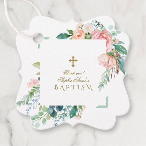 Chic Watercolor Pink Blush White Floral Baptism Favor Tags