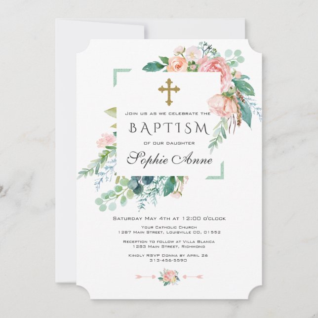 Chic Watercolor Pink Blush White Floral Baptism Invitation (Front)