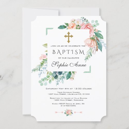 Chic Watercolor Pink Blush White Floral Baptism Invitation