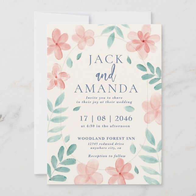 Chic Watercolor Pink Floral Wedding Invitation (Front)