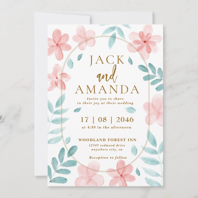 Chic Watercolor Pink Floral Wedding Invitation (Front)