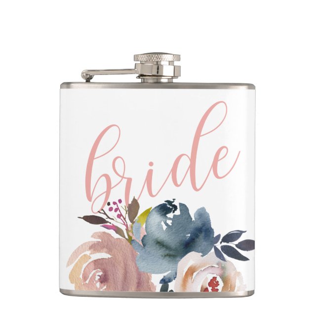 Chic Watercolor Pink Flower Bride Wedding Flask (Front)