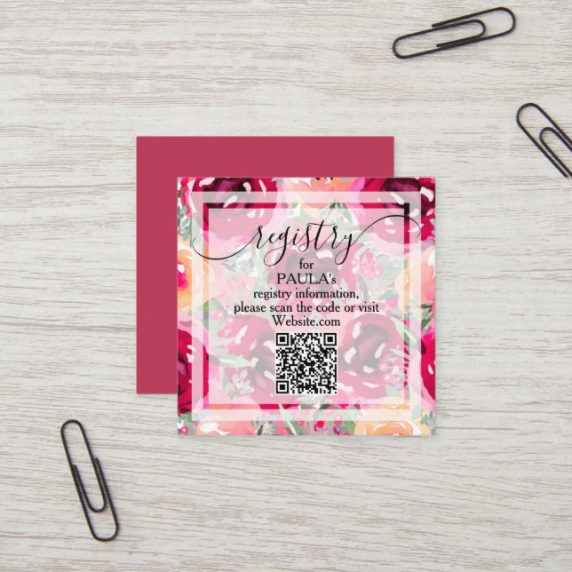 Chic Watercolor Pink Flowers QR Registry Card (Front/Back In Situ)