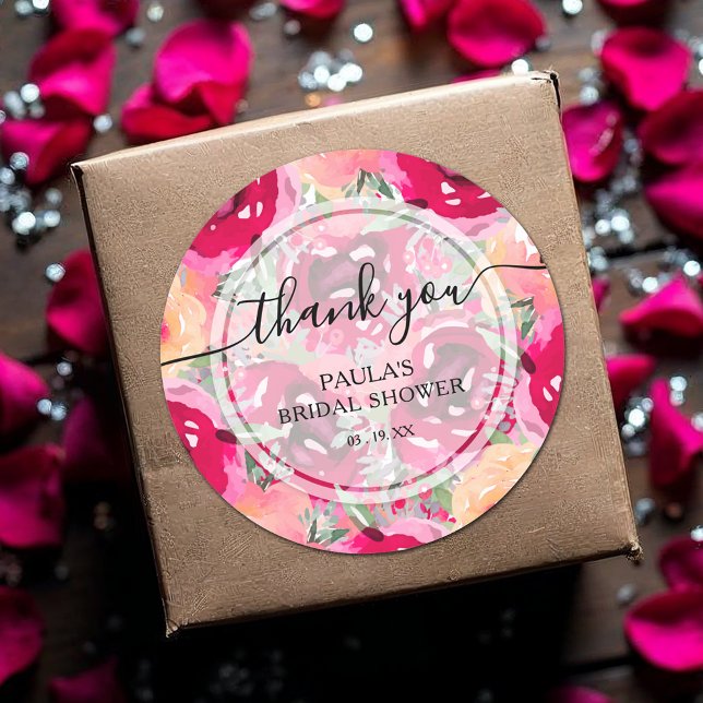 Chic Watercolor Pink Flowers Thank You Classic Round Sticker (Watercolor hot pink and cream  flowers thank you bridal shower round stickers)