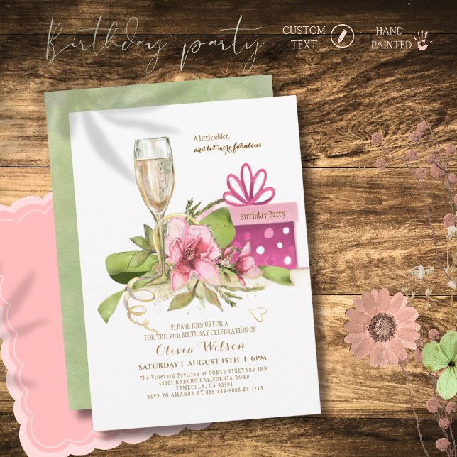 Chic Watercolor Pink Magnolia Champagne Birthday Invitation (Chic Watercolor Pink Magnolia Champagne Birthday Invitation)