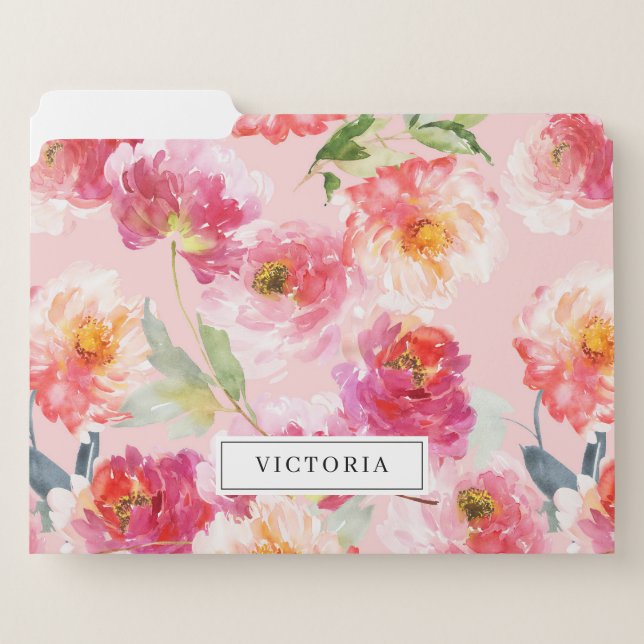 Chic Watercolor Pink Peonies Floral Pattern Custom File Folder (Front Left)