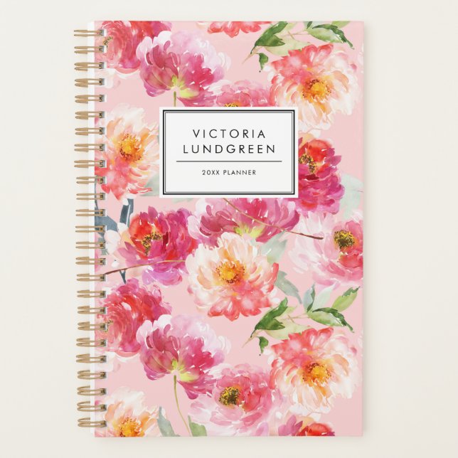 Chic Watercolor Pink Peonies Floral Pattern Custom Planner (Front)