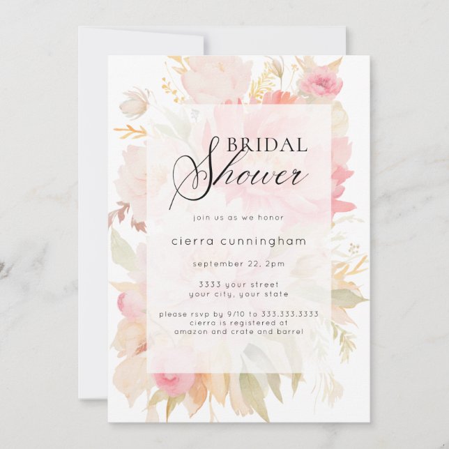 Chic Watercolor Pink Peony Floral Bridal Shower  Invitation (Front)