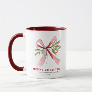 Chic Watercolor Pink Ribbon Mistletoe Custom Name Mug