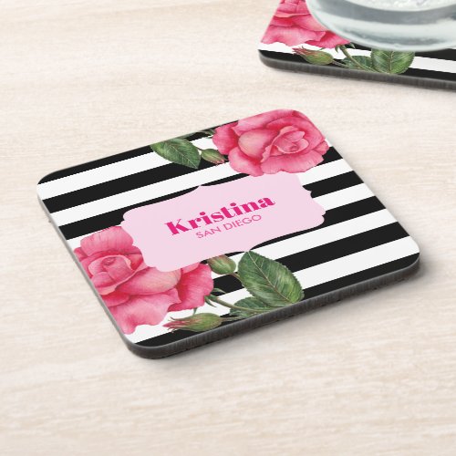 Chic Watercolor Pink Roses Black White Stripes Beverage Coaster
