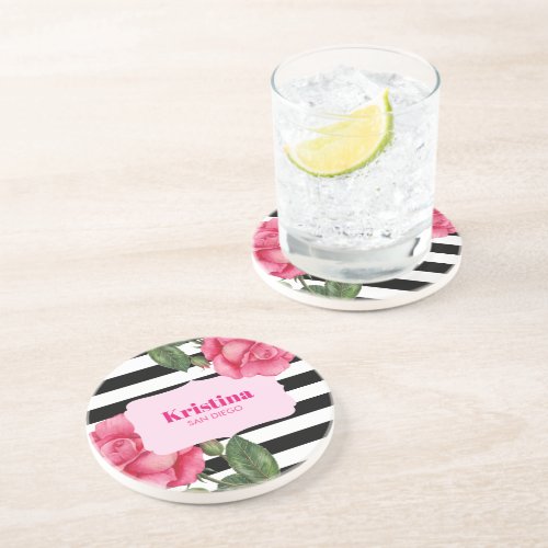 Chic Watercolor Pink Roses Black White Stripes Coaster