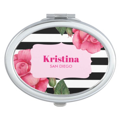 Chic Watercolor Pink Roses Black White Stripes Compact Mirror
