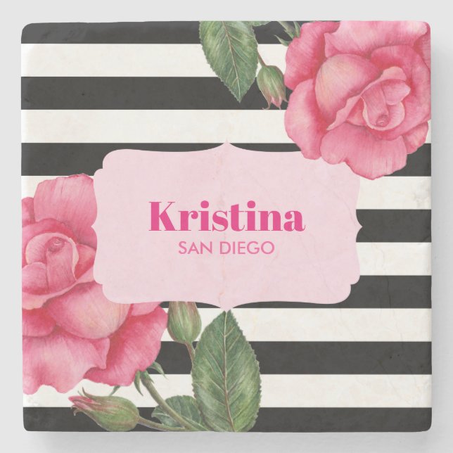 Chic Watercolor Pink Roses Black White Stripes Stone Coaster (Front)