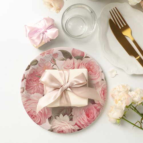 Chic Watercolor Pink Roses Paper Plates