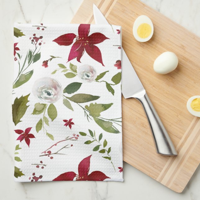 Chic Watercolor Poinsettia Floral Monogram Kitchen Towel (Quarter Fold)