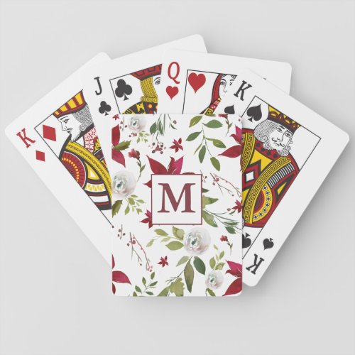 Chic Watercolor Poinsettia Floral Monogram Poker Cards