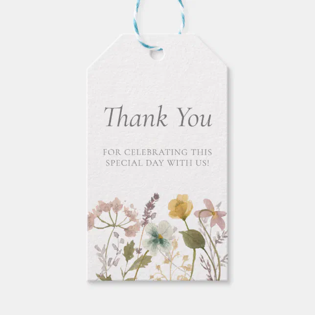 Chic Watercolor Pressed Flowers Wedding Thank You Gift Tags | Zazzle