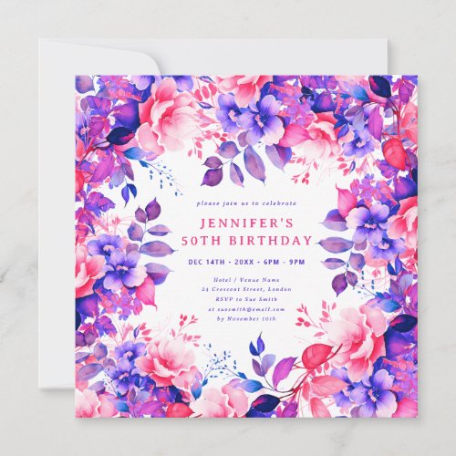 Chic Watercolor Purple Floral 50th Birthday  Invitation