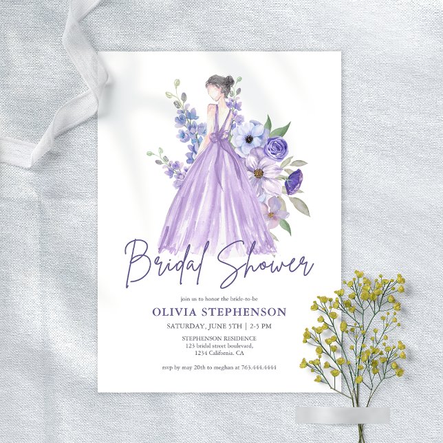 Chic Watercolor Purple Flower Script Bridal Shower Invitation (Chic Watercolor Purple Flower Script Bridal Shower Invitation)