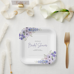 Chic Watercolor Purple Flower Script Bridal Shower Paper Plates