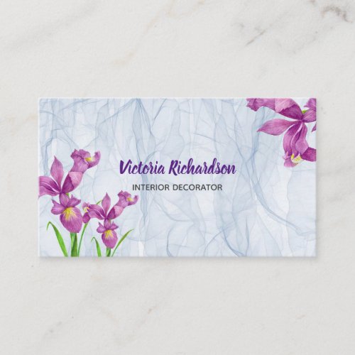 Chic Watercolor Purple Irises Floral Organza Cloth Business Card