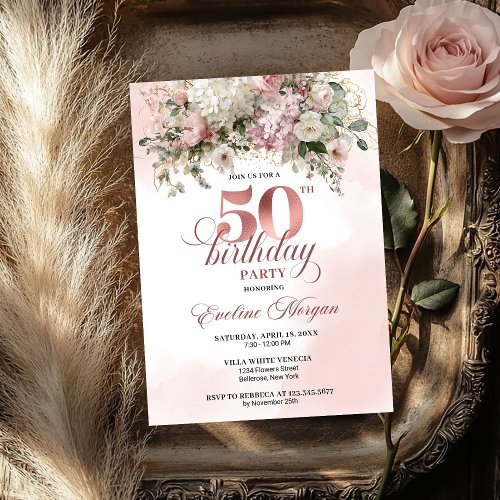 Chic Watercolor Rose Gold Blush Floral 50 Birthday