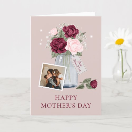 Chic Watercolor Roses Photo Happy Mothers Day Card