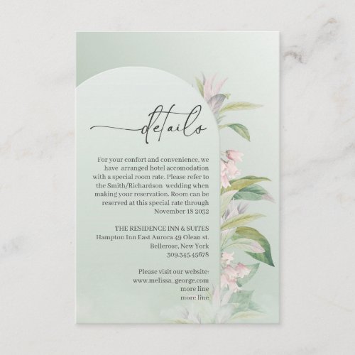 Chic watercolor sage green arch blush details card