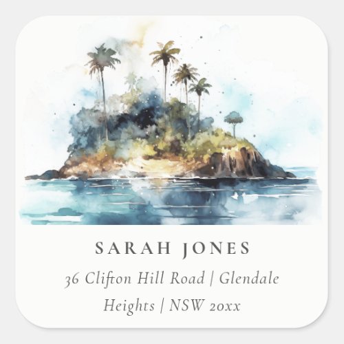 Chic Watercolor Seascape Palm Tree Island Address Square Sticker
