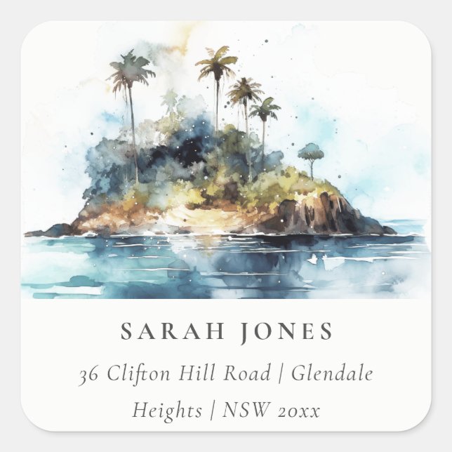 Chic Watercolor Seascape Palm Tree Island Address Square Sticker (Front)