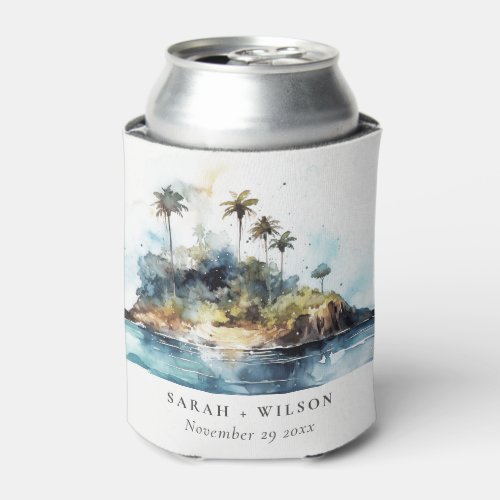 Chic Watercolor Seascape Palm Tree Island Wedding Can Cooler