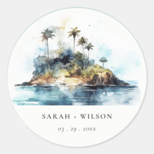 Chic Watercolor Seascape Palm Tree Island Wedding Classic Round Sticker