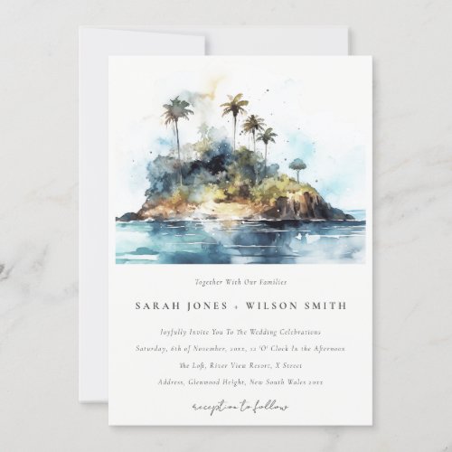 Chic Watercolor Seascape Palm Tree Island Wedding Invitation